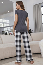 Curved Hem Short Sleeve Top and Plaid Pants Lounge Set OutfitFlow